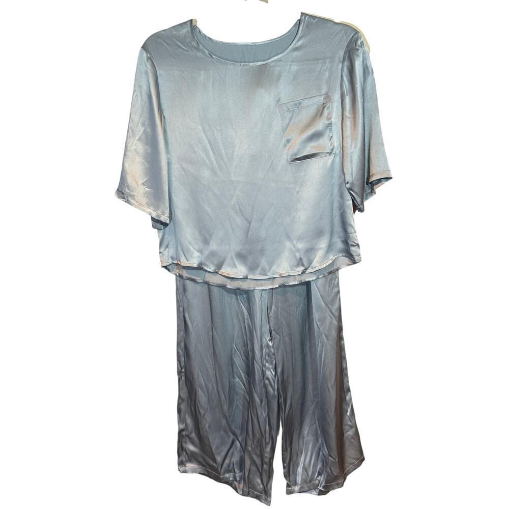 NWT Silk Silky Gray Blue Mulberry Silk Half Sleeve Luxury Feminine Pajama Set XS - Picture 2 of 10